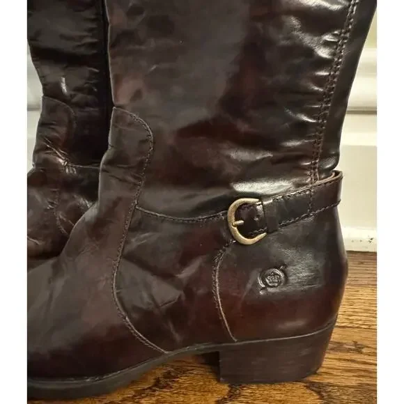 BORN Helen Tall Leather Riding Boots Buckle Plaid Preppy Equestrian Size 9.5 - Picture 3 of 7